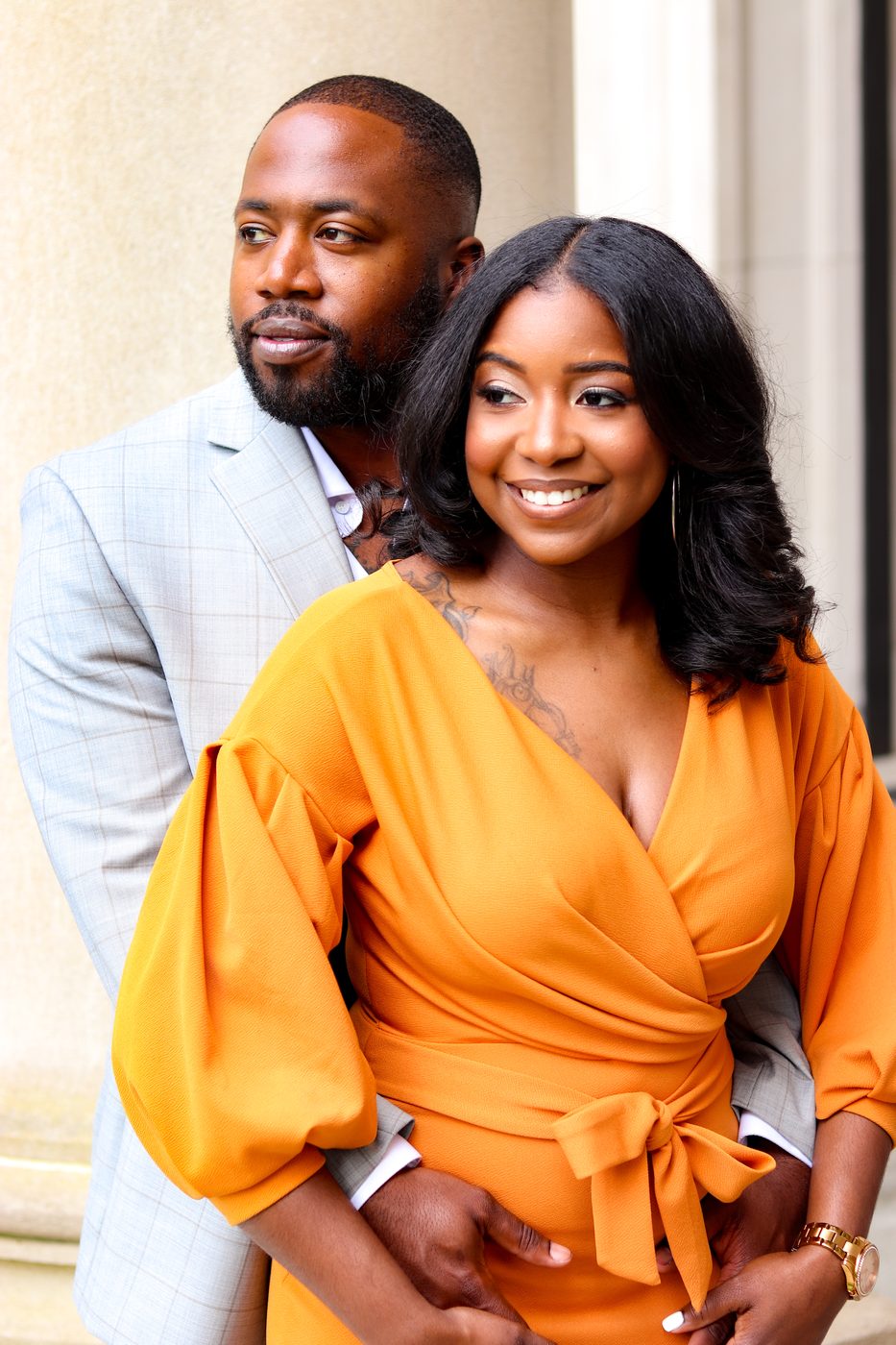 Engagement portrait — marigold wrap dress